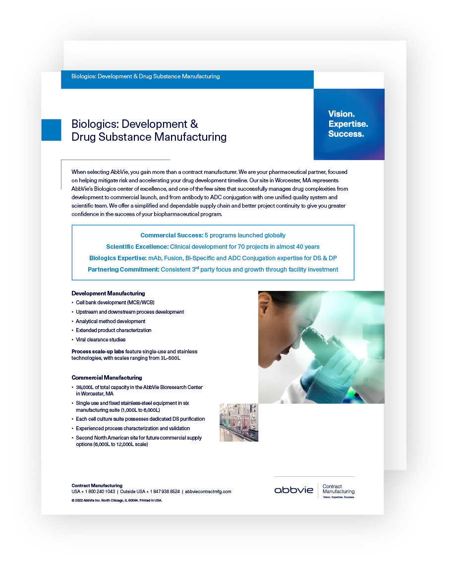 thumbnail image of AbbVie's biologics contract manufacturing capabilities cutsheet including cell culture large molecule manufacturing and development