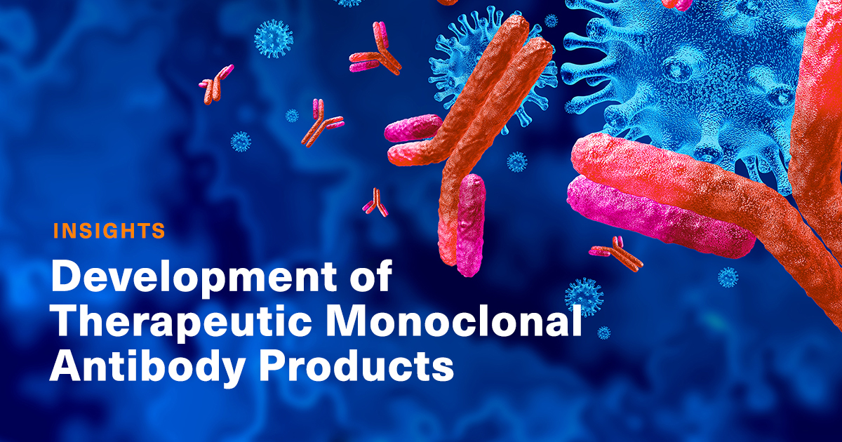 image of monoclonal antibodies in a blue background with the title of development of therapeutic monoclonal antibody products on the foreground